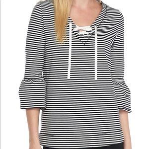 Fever - Three Quarter Sleeve Striped Lace Up Top